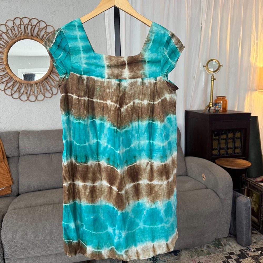 Calypso St. Barth Mini Dress XS Turquoise Brown Tie Dye Linen Beachy Hippie